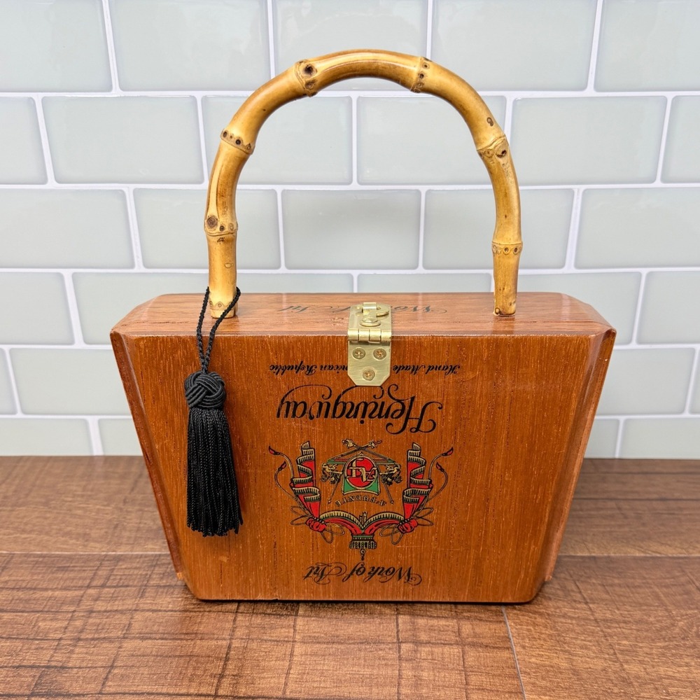 Arturo Fuente Cigar Box Purse Vintage‎ Bamboo Handle Hemingway Wood Bag Boho